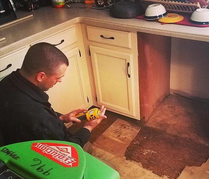 SERVPRO Tech assessing damage to a kitchen cabinet